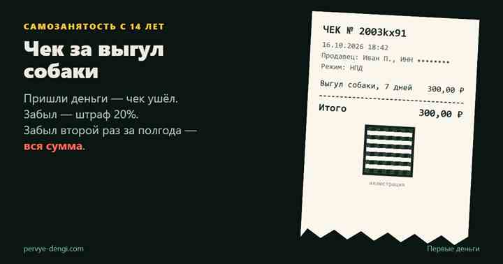 Чек самозанятого подростка за выгул собаки в приложении «Мой налог»