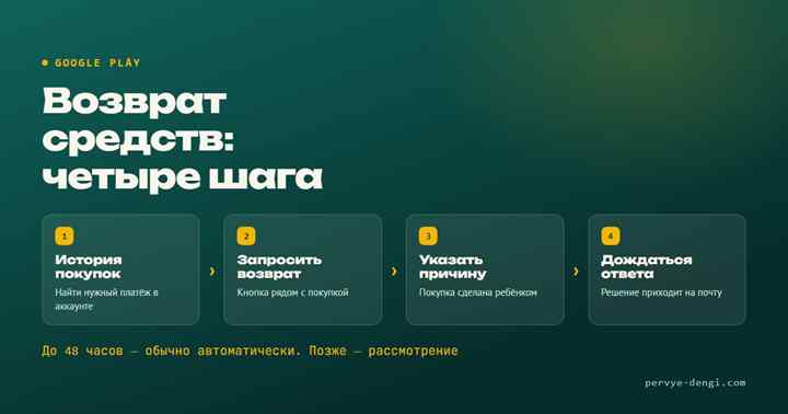 Четыре шага возврата средств в Google Play: история покупок, запрос, причина, ответ